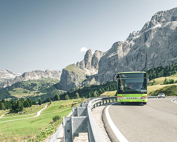 Bus auf Straße dahinter ein Berg